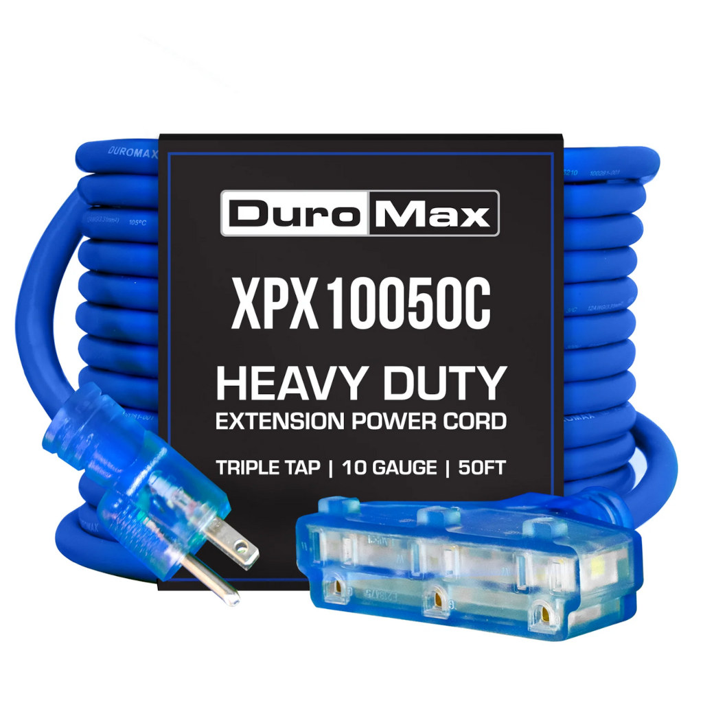 DuroMax XPX10050C 10-Gauge 100 ft Power Cord. Blue, Premium Heavy Duty TPE Sheath, Lighted Triple Tap Outlet, and 120-Volt Plug.