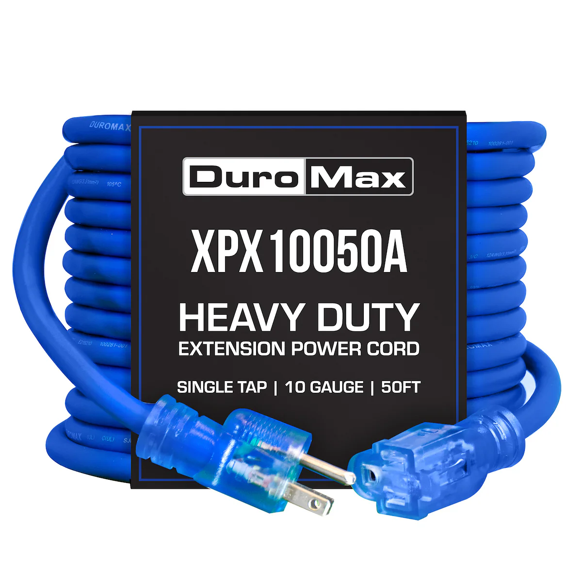 DuroMax XPX10050A 10-Gauge 100 ft Power Cord. Blue, Premium Heavy Duty TPE Sheath, Lighted Outlet, and 120-Volt Plug.