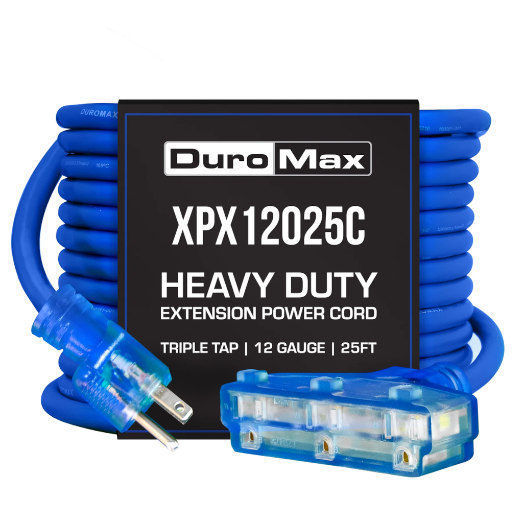 DuroMax XPX12025C 25 ft Power Cord. Blue, Premium Heavy Duty TPE Sheath, Lighted Triple Tap Outlet, and 120-Volt Plug.