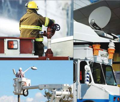 Montage of Commercial Mobile Generator Applications—Fire truck, Food truck, Television truck, Utility Truck