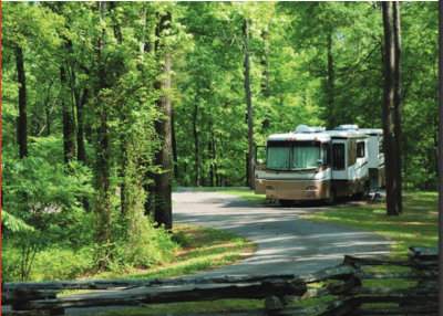 RV Motorhome at a Wooded Campsite