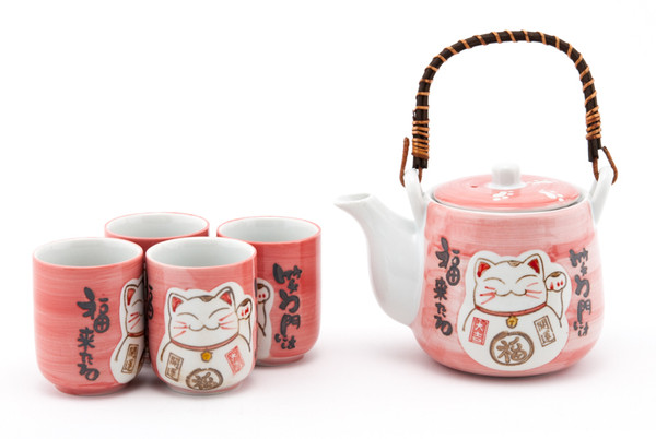Pink Lucky Cat Tea Set 5pc