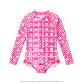 Nestling Neon Sleeved Girls Swimsuit - Neon Pink Retro Surf