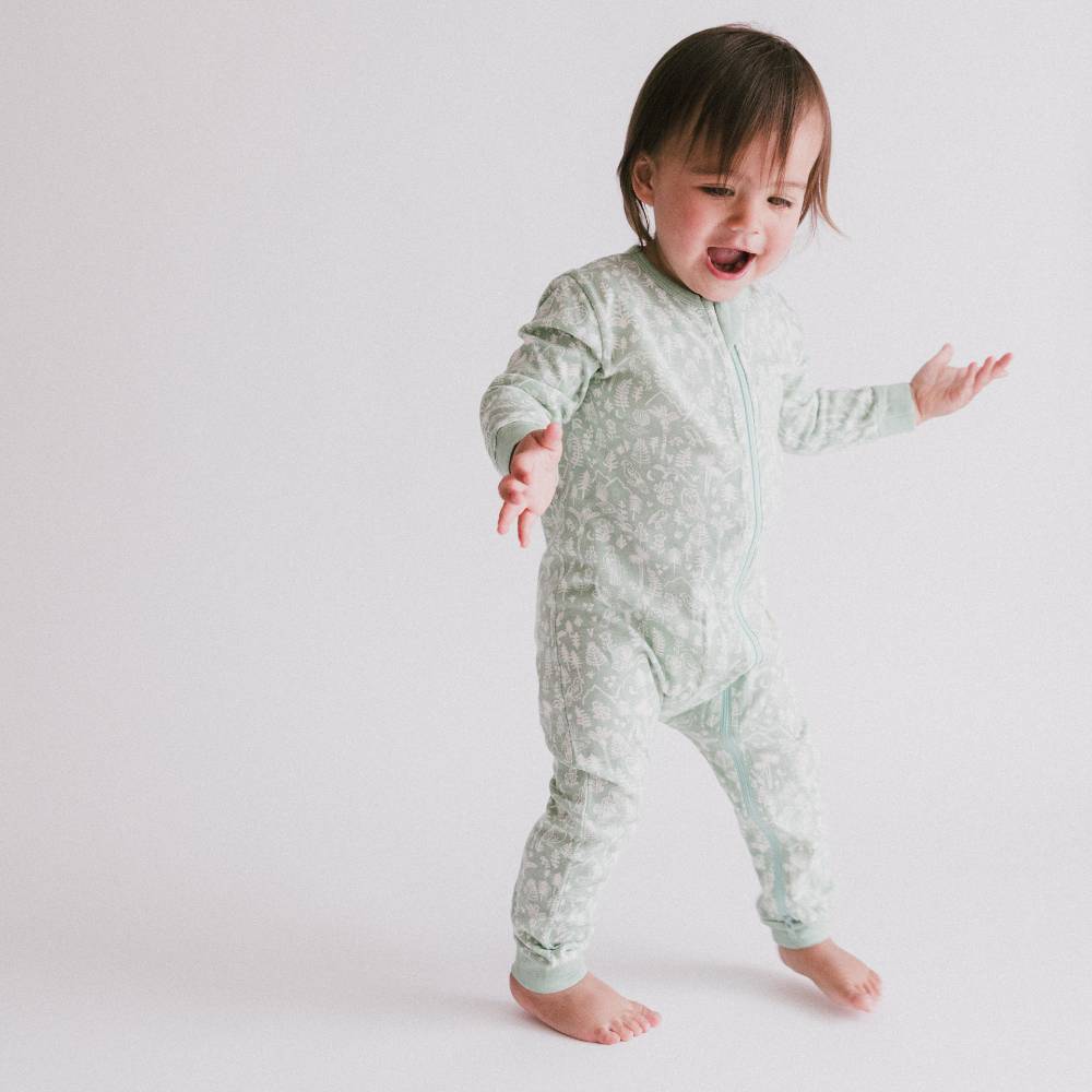 Woolbabe Merino/Organic Cotton PJ Suit - Print - Moss Wilderness