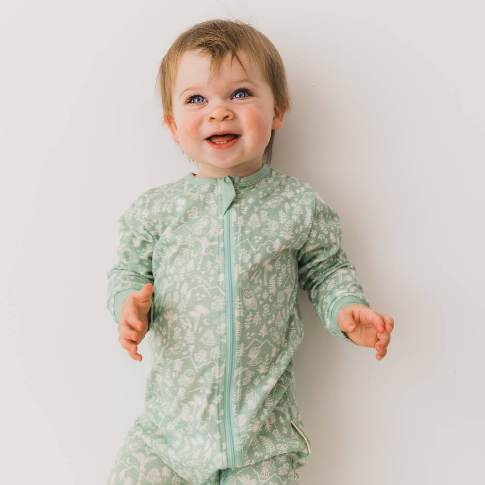 Woolbabe Merino/Organic Cotton PJ Suit - Print - Moss Wilderness