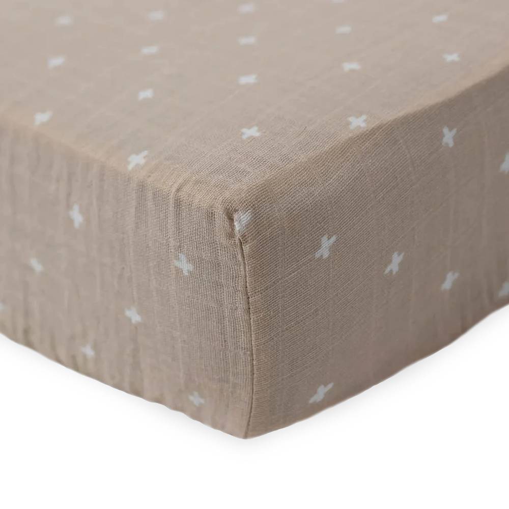 Muslin Fitted Cot Sheet - Taupe Cross