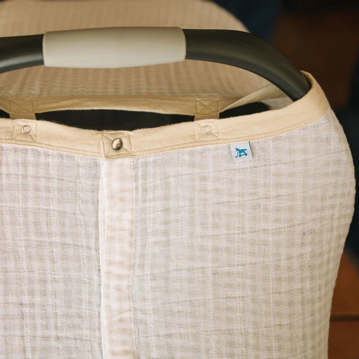 Muslin Car Seat Canopy V2 - Tan Gingham