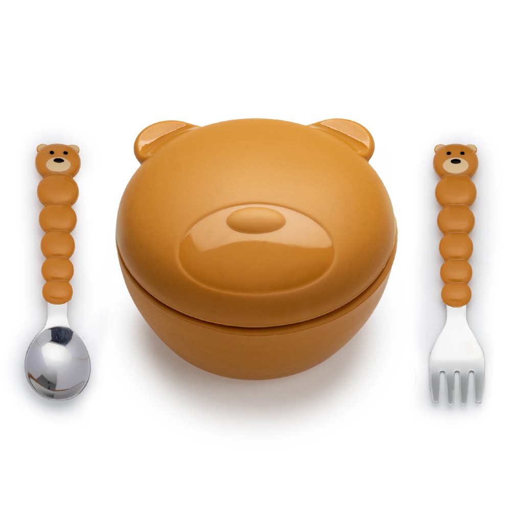 Melii Silicone Animal Bowl with Lid & Utensils - Bear