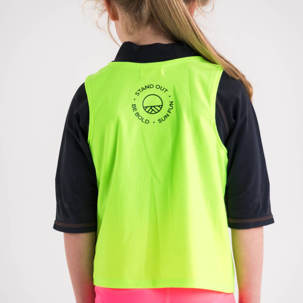 Girl in Neon Green Over Vest, back shot, close up