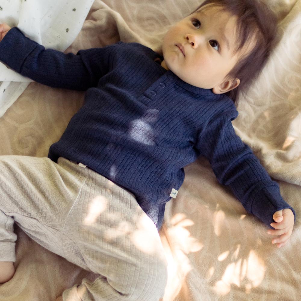 Woolbabe Organic Cotton/Merino Long Sleeve Henley Top - Tekapo Marl