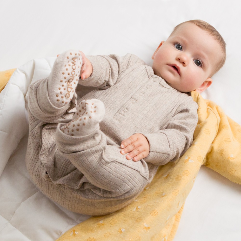 Woolbabe Organic Cotton/Merino Long Sleeve Henley Suit - Dune Marl