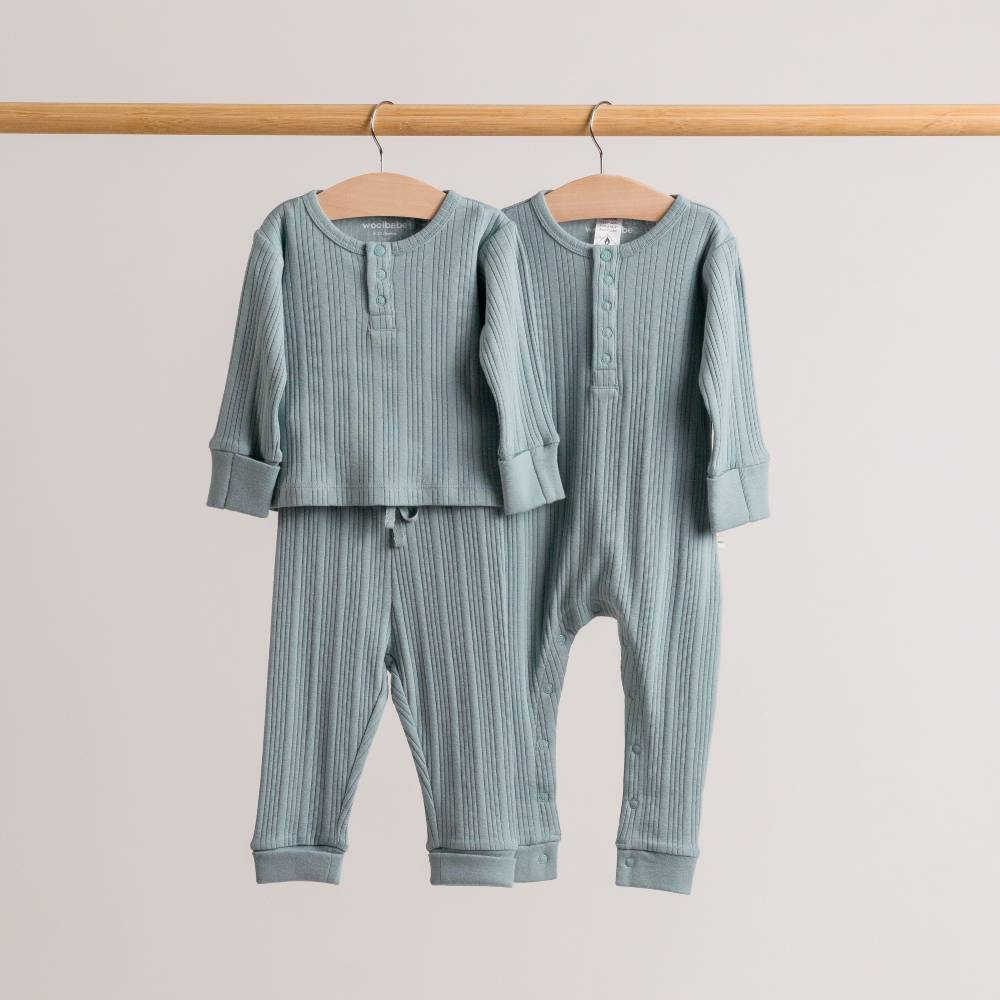 Woolbabe Organic Cotton/Merino Long Sleeve Henley Suit - Tide Marl