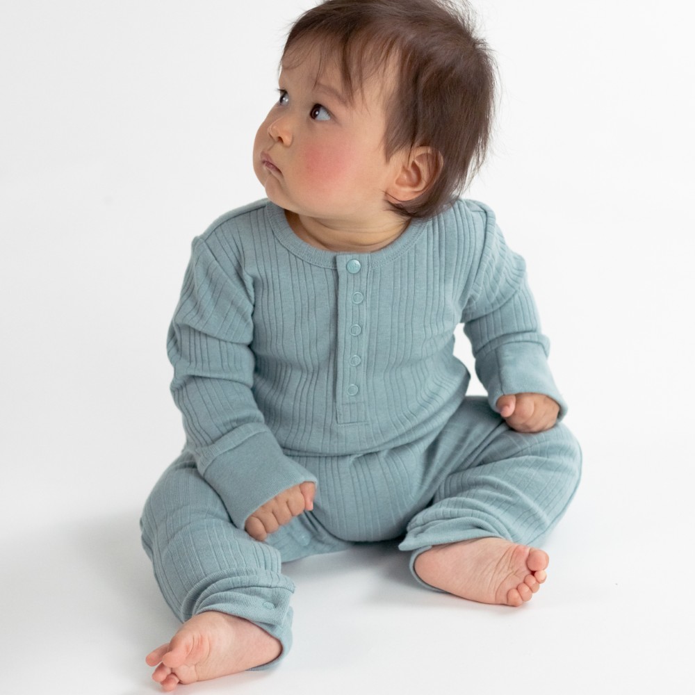 Woolbabe Organic Cotton/Merino Long Sleeve Henley Suit - Tide Marl