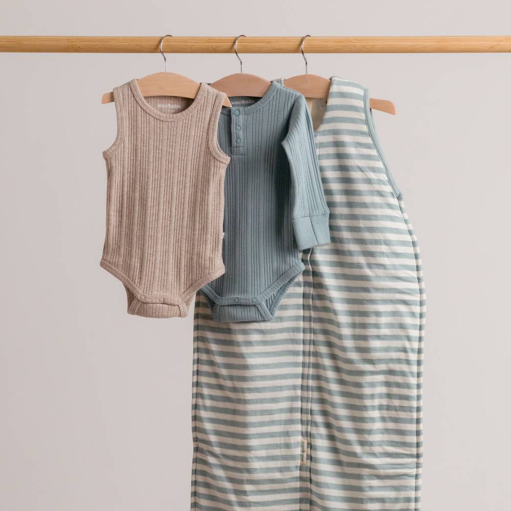 Woolbabe Organic Cotton/Merino Long Sleeve Henley Bodysuit - Tide Marl