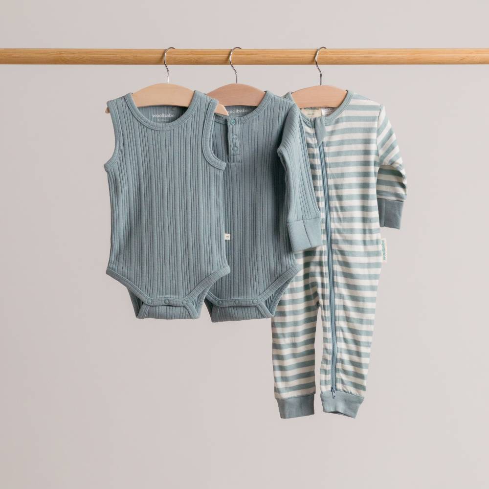 Woolbabe Organic Cotton/Merino Long Sleeve Henley Bodysuit - Tide Marl