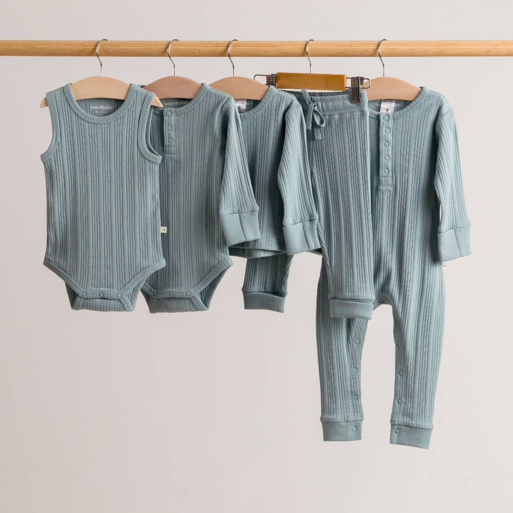 Woolbabe Organic Cotton/Merino Long Sleeve Henley Bodysuit - Tide Marl