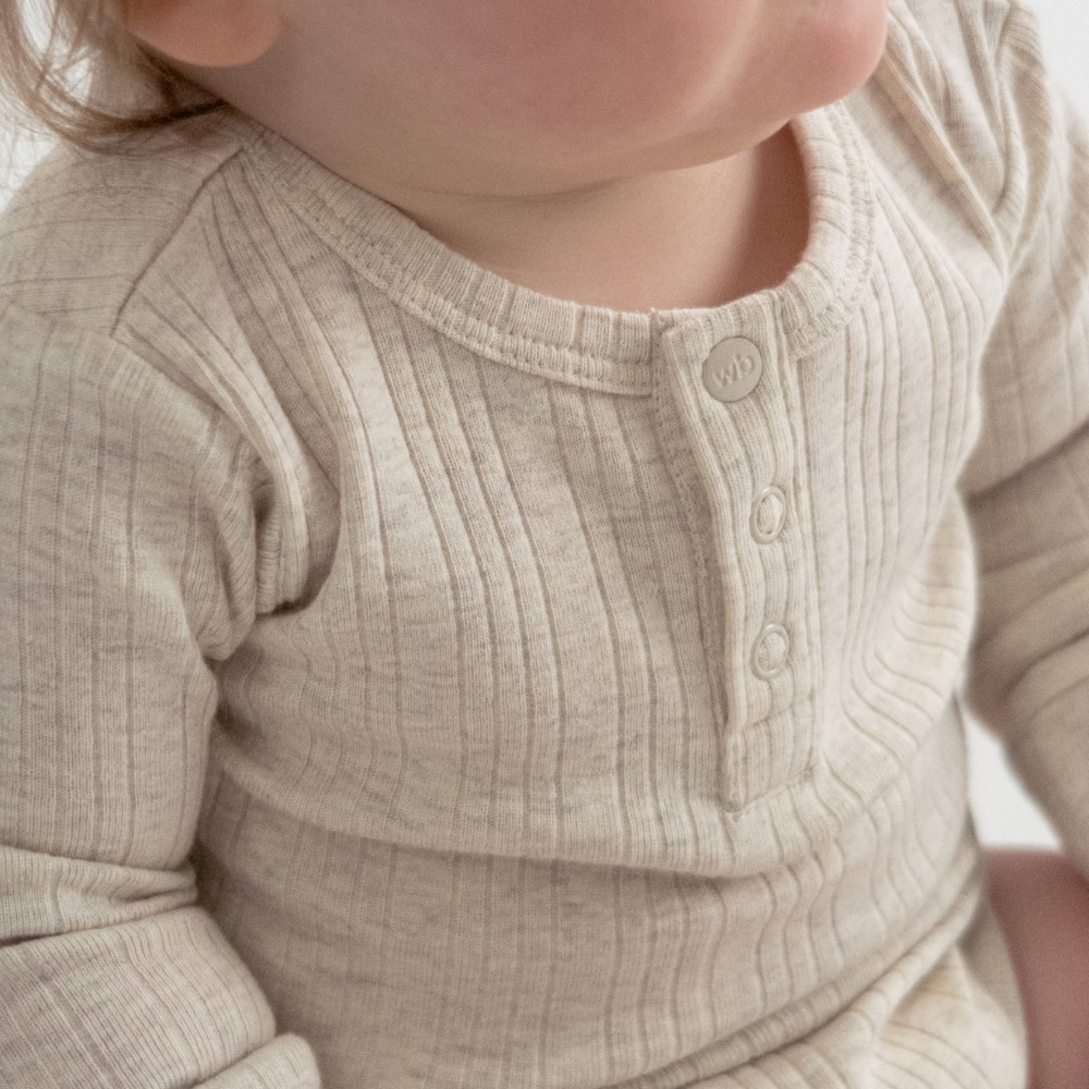 Woolbabe Organic Cotton/Merino Long Sleeve Henley Bodysuit - Natural Marl