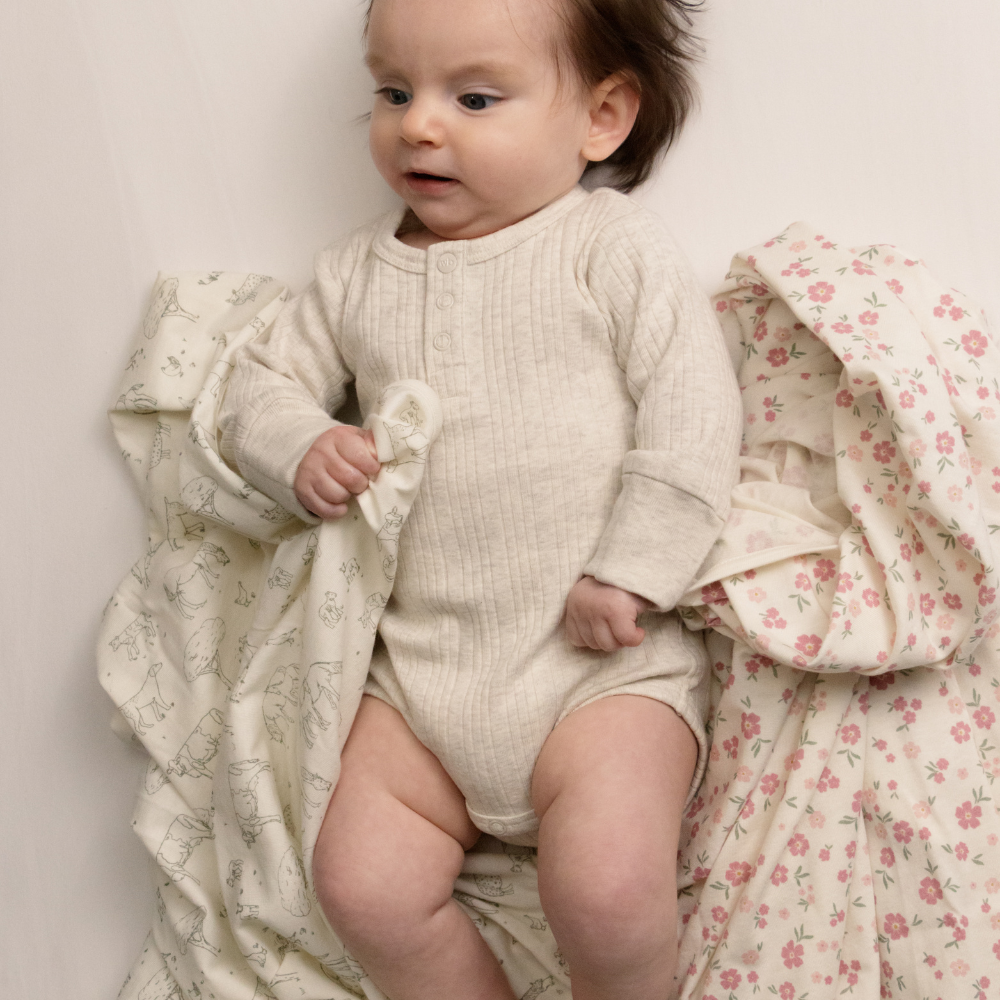 Woolbabe Organic Cotton/Merino Long Sleeve Henley Bodysuit - Natural Marl