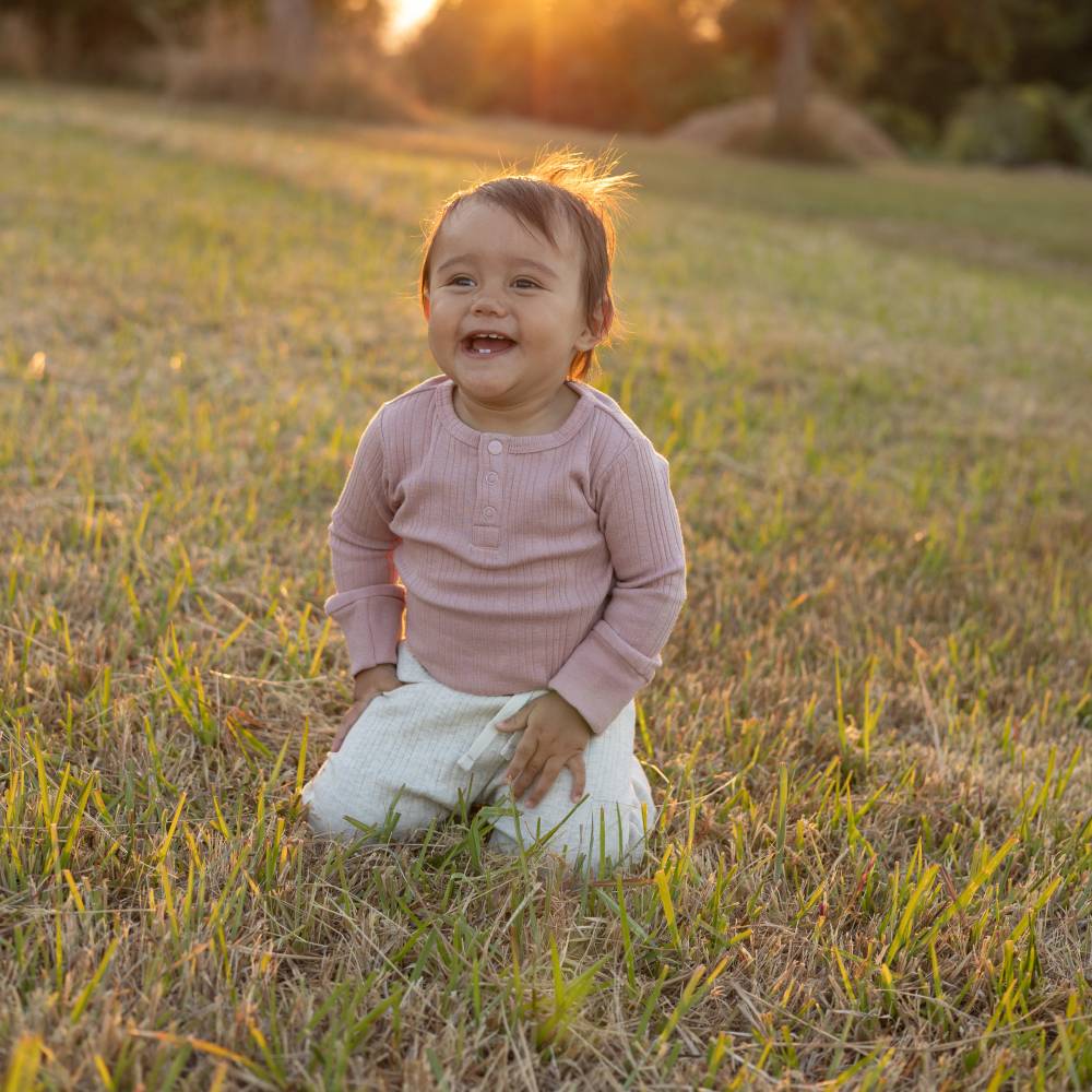Woolbabe Organic Cotton/Merino Long Sleeve Henley Bodysuit - Dusk Marl