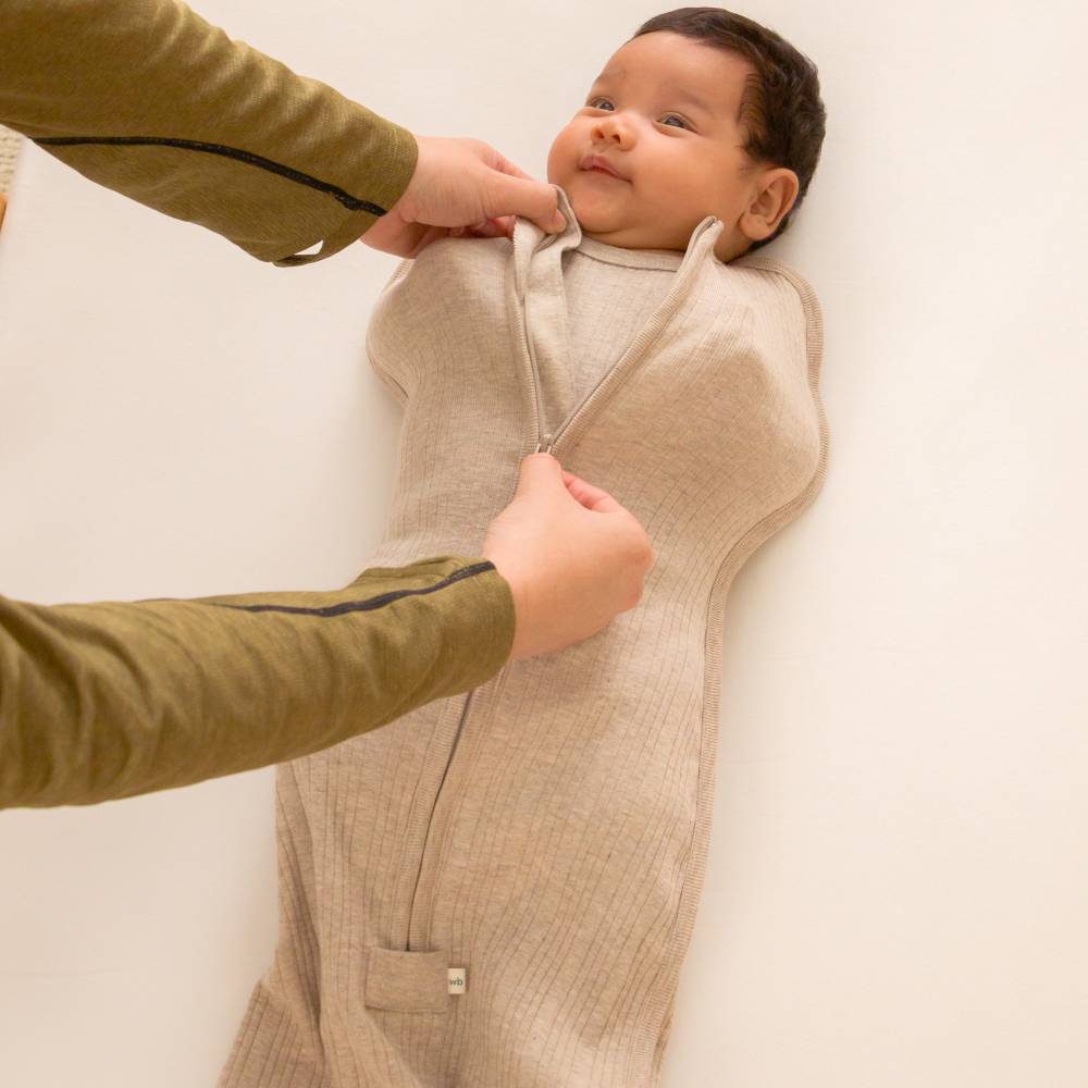 Woolbabe Organic Cotton/Merino Fitted Zip Swaddle - Dune Marl