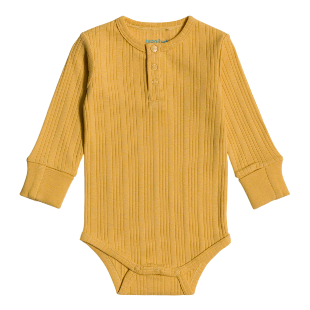 Woolbabe Organic Cotton/Merino Long Sleeve Henley Bodysuit - Buttercup Marl