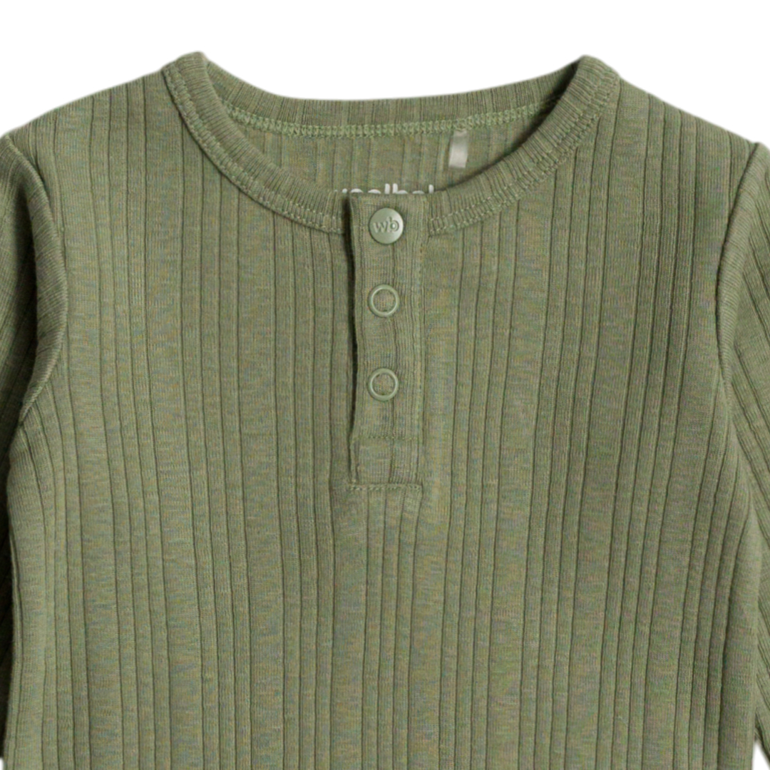 Woolbabe Organic Cotton/Merino Long Sleeve Henley Bodysuit - Flax Marl