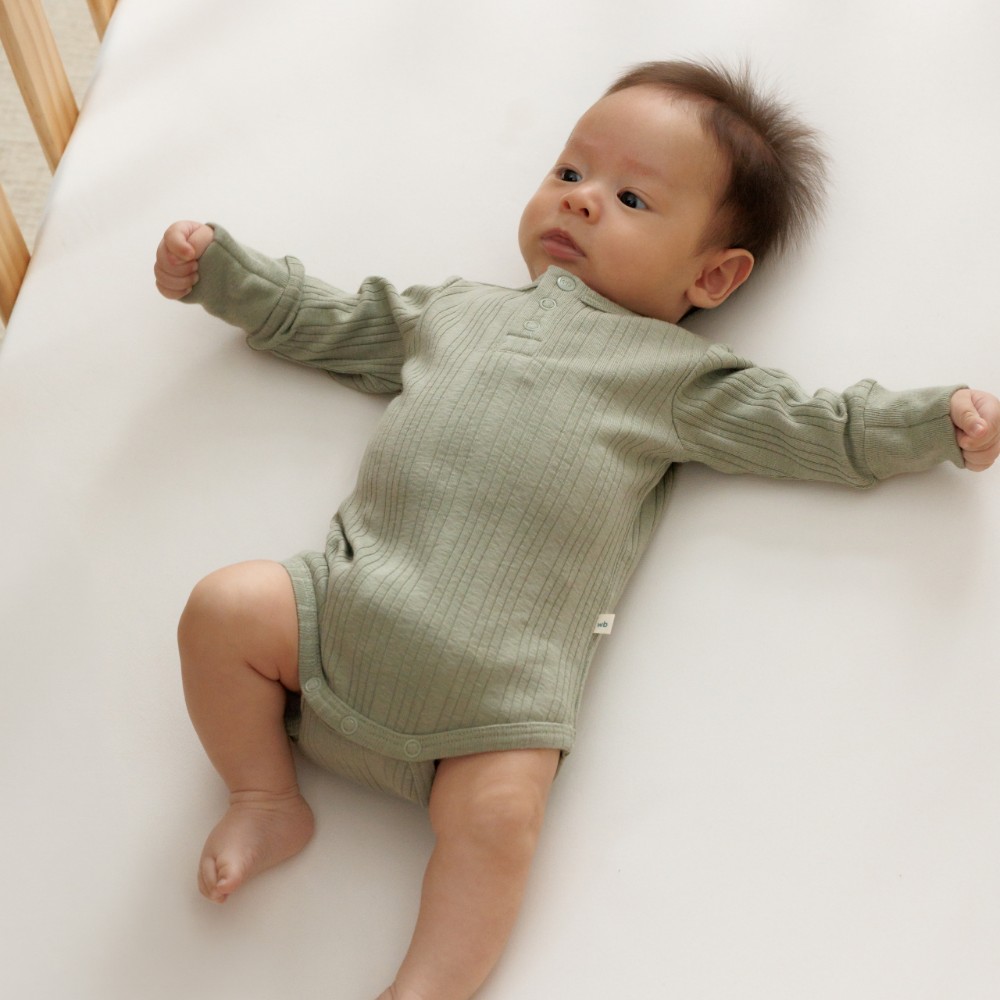 Woolbabe Organic Cotton/Merino Long Sleeve Henley Bodysuit - Flax Marl