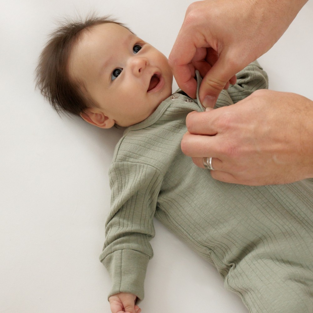 Woolbabe Organic Cotton/Merino Long Sleeve Henley Suit - Flax Marl