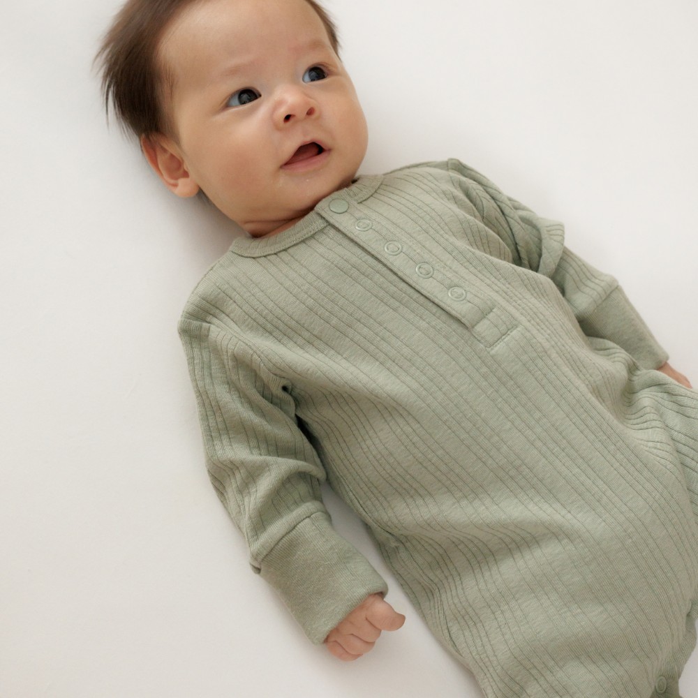 Woolbabe Organic Cotton/Merino Long Sleeve Henley Suit - Flax Marl