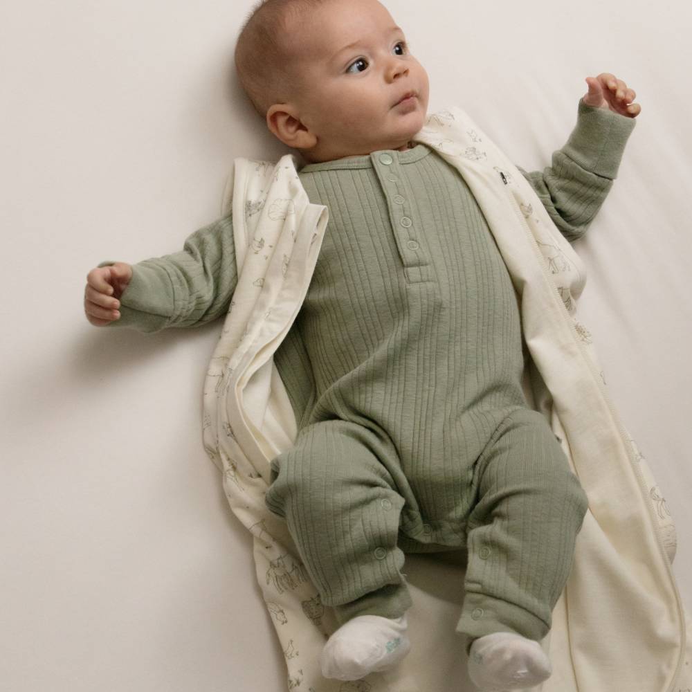 Woolbabe Organic Cotton/Merino Long Sleeve Henley Suit - Flax Marl