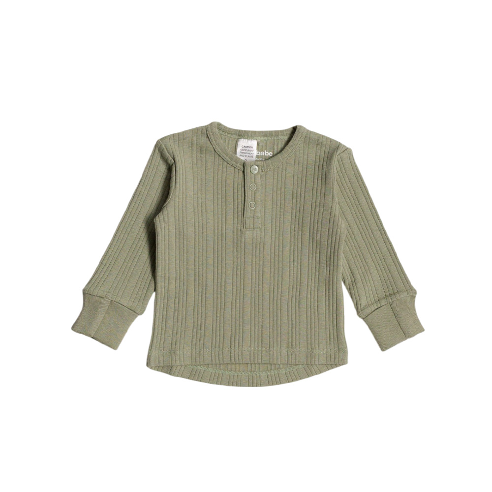 Woolbabe Organic Cotton/Merino Long Sleeve Henley Top - Flax Marl