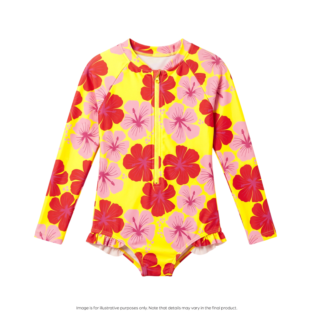 Nestling Neon Sleeved Girls Swimsuit - Hibiscus