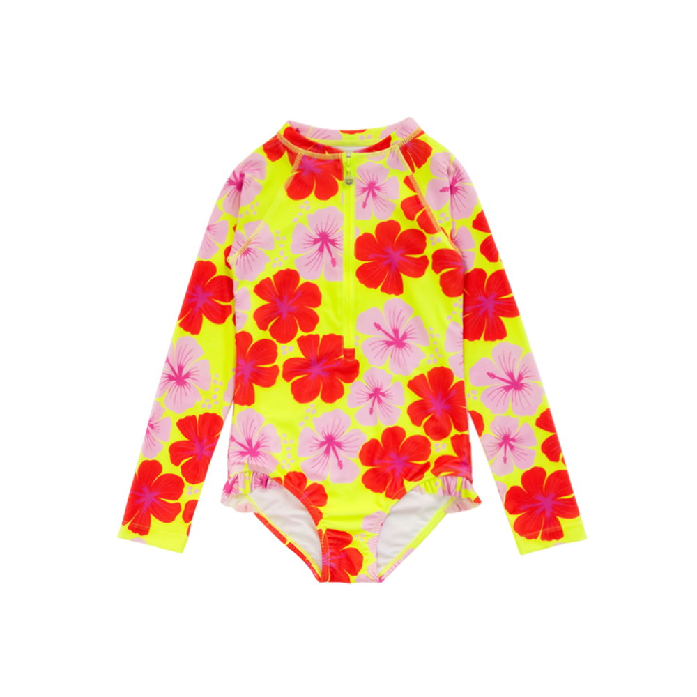 Nestling Neon Sleeved Girls Swimsuit - Hibiscus