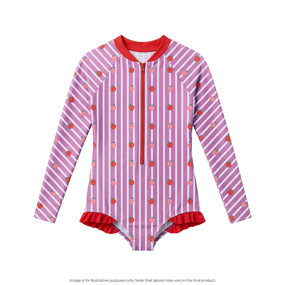 Nestling Neon Sleeved Girls Swimsuit - Striped Raspberries