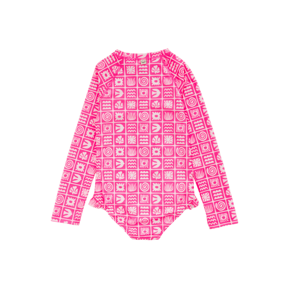 Nestling Neon Sleeved Girls Swimsuit - Neon Pink Retro Surf