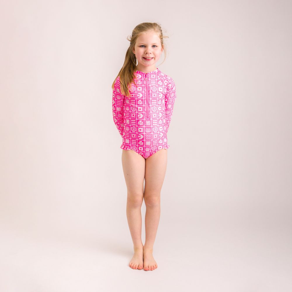 Nestling Neon Sleeved Girls Swimsuit - Neon Pink Retro Surf