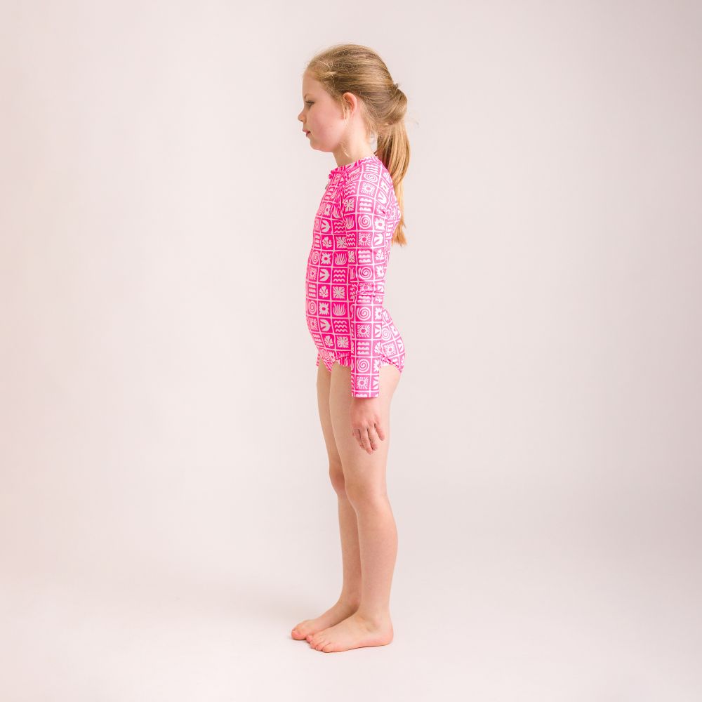 Nestling Neon Sleeved Girls Swimsuit - Neon Pink Retro Surf