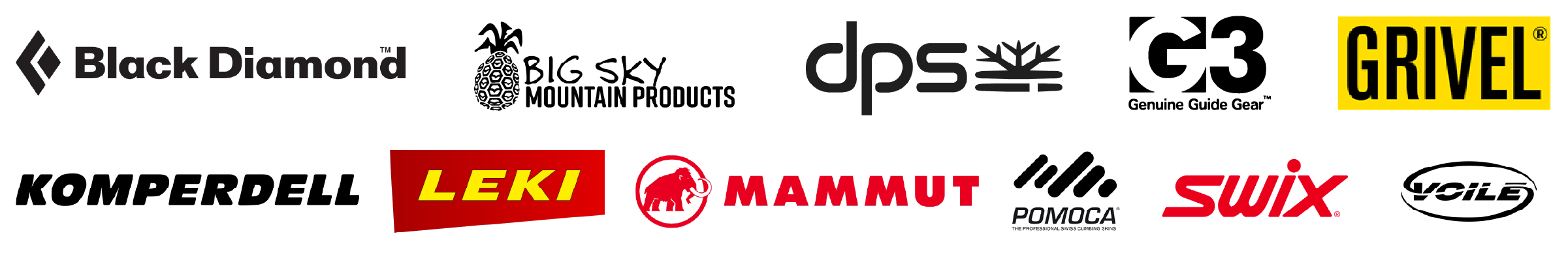 BLACK DIAMOND, BIG SKY MOUNTAIN PRODUCTS, DPS, G3, GRIVRL, KOMPERDELL, LEKI, MAMMUT, POMOCA, SWIX, VOILE