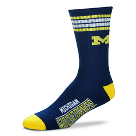 Michigan Wolverines For Bare Feet 4 Stripe Deuce Crew Sock - Navy Michigan Wolverines For Bare Feet 4 Stripe Deuce Crew Sock - Navy