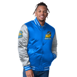 Detroit Lions Starter Varsity Satin Full Snap Jacket - Blue/Gray Detroit Lions Starter Varsity Satin Full Snap Jacket - Blue/Gray