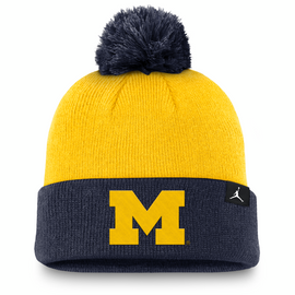 Michigan Wolverines Jordan Brand Peak Standard Cuffed Knit Hat with Pom - Maize/Navy Michigan Wolverines Jordan Brand Peak Standard Cuffed Knit Hat with Pom - Maize/Navy