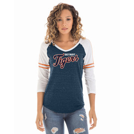 Detroit Tigers Women's 5th & Ocean Shimmer Foil Stripe T-Shirt - Detroit  City Sports