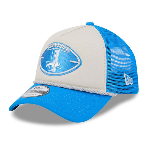 Detroit Lions New Era 2024 Sideline Historic A-Frame Trucker 9FORTY Stretch-Snap Hat - Stone/Blue