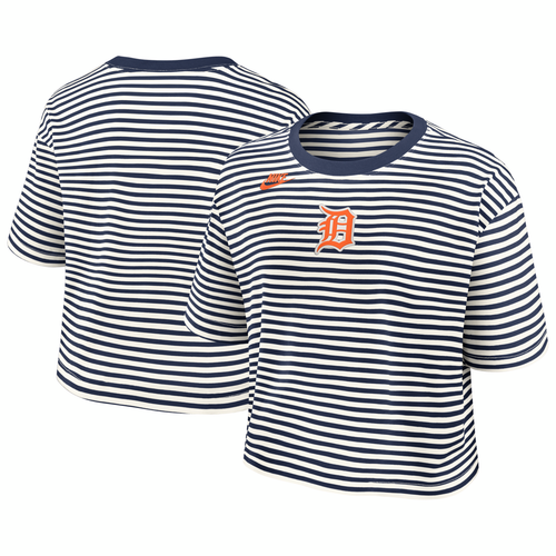 Detroit Tigers Nike Women's Cooperstown Collection Striped Cropped T-Shirt - Navy/Cream