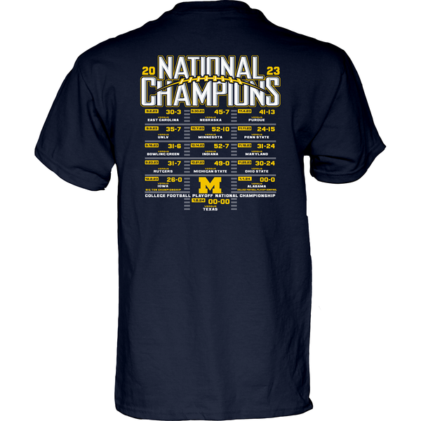 Michigan Wolverines Blue 84 2023 National Champions Gotta Know Schedule T-Shirt - Navy