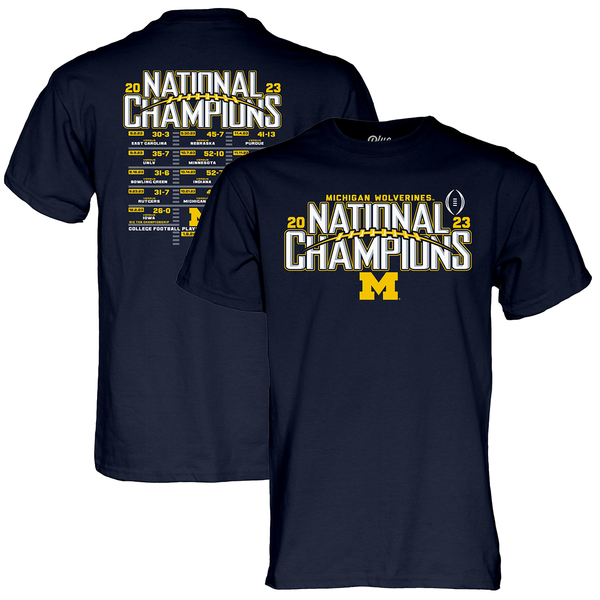 Michigan Wolverines Blue 84 2023 National Champions Gotta Know Schedule T-Shirt - Navy