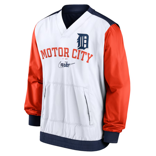 Detroit Tigers Nike Rewind Warm Up V-Neck Pullover Jacket - White/Navy