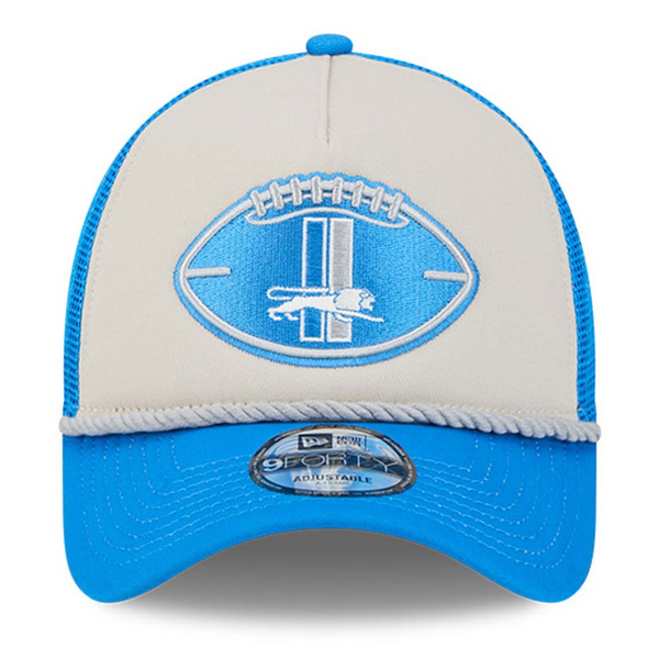 Detroit Lions New Era 2024 Sideline Historic A-Frame Trucker 9FORTY Stretch-Snap Hat - Stone/Blue