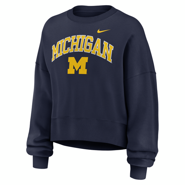 Michigan Wolverines Nike Women's Wordmark Club Oversized Pullover Sweatshirt - Navy Michigan Wolverines Nike Women's Wordmark Club Oversized Pullover Sweatshirt - Navy
