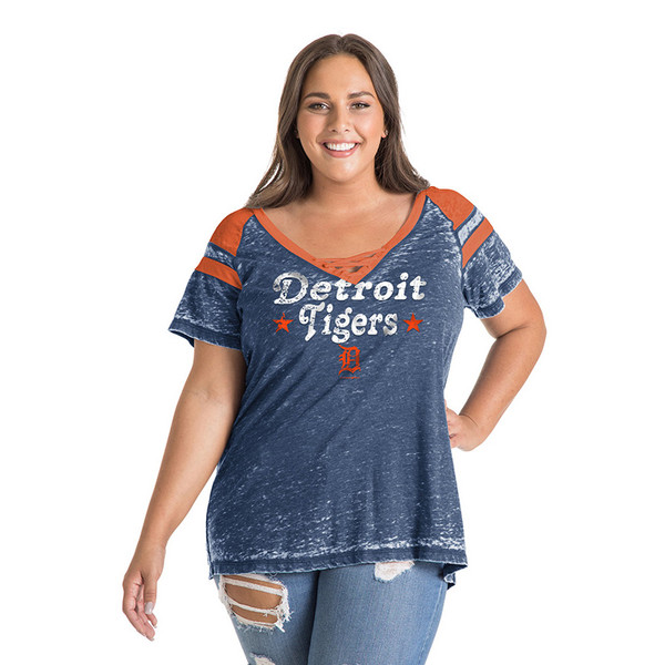 New Era Detroit Tigers Women's Navy Plus Size Burnout Wash V-Neck T-Shirt